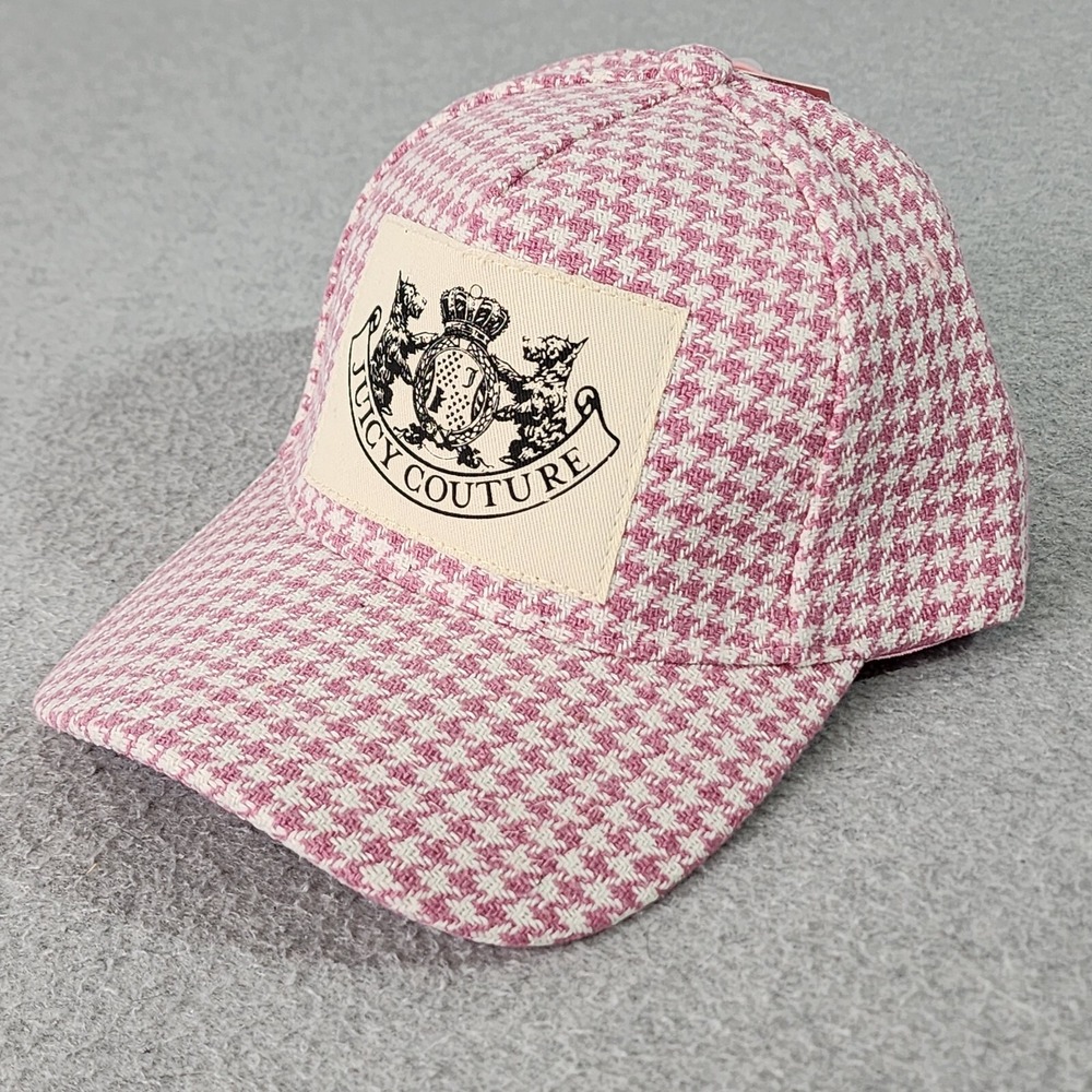 Juicy Couture Hat Pink White Houndstooth Patch Logo Adjustable Baseball Cap O/S